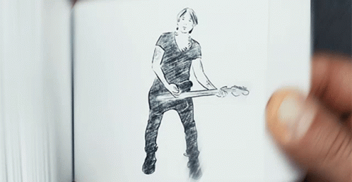 A Drawing Of A Man Holding A Guitar In His Hands GIF
