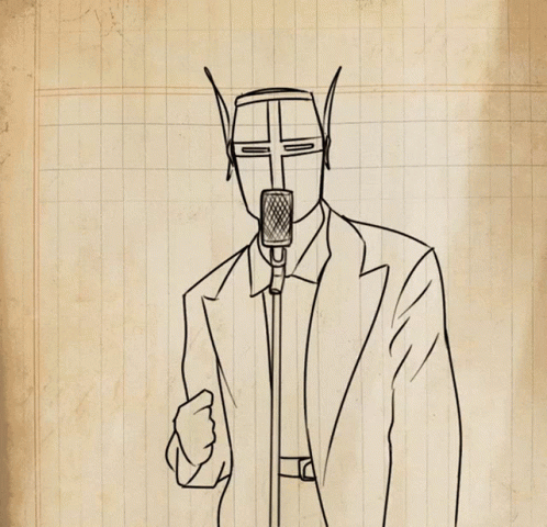 A Drawing Of A Man Holding A Microphone With A Helmet On His Head GIF