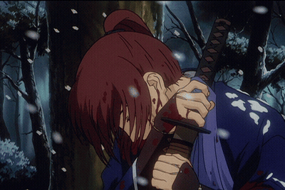 A Drawing Of A Man Holding A Sword With Blood On His Face GIF