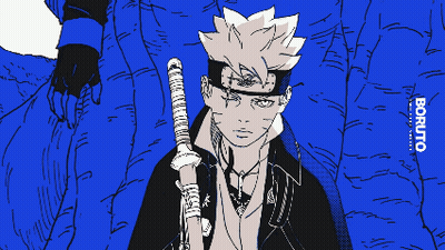 A Drawing Of A Man Holding A Sword With The Word Boruto On The Bottom GIF