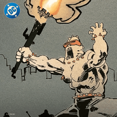 A Drawing Of A Man Holding A Torch With A Dc Logo On The Bottom GIF
