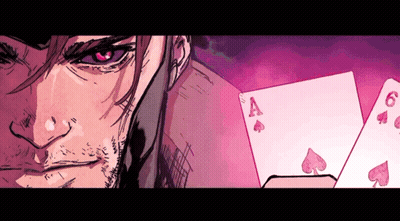 A Drawing Of A Man Holding Playing Cards With The Ace Of Spades On It GIF