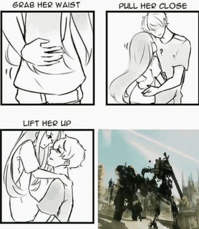 A Drawing Of A Man Hugging A Woman With The Words Grab Her Waist Pull Her Close Lift Her Up And A Picture Of A Robot GIF