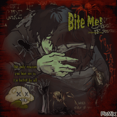 A Drawing Of A Man Hugging Another Man With The Words Bite Me On It GIF