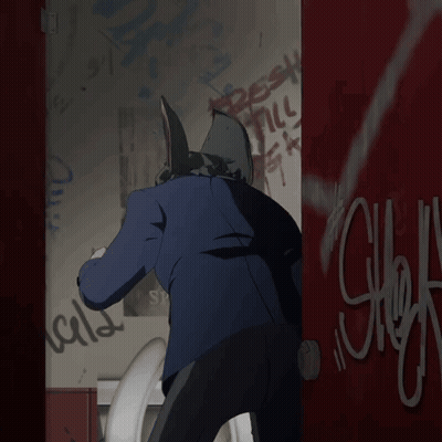 A Drawing Of A Man In A Bunny Mask Standing In A Bathroom GIF