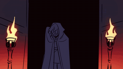 A Drawing Of A Man In A Hood Standing In Front Of A Door GIF