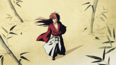 A Drawing Of A Man In A Red Kimono Surrounded By Bamboo Trees GIF