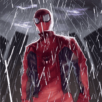 A Drawing Of A Man In A Red Suit In The Rain GIF