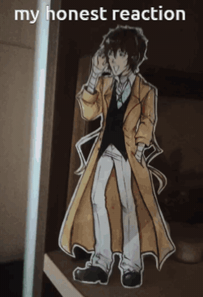 A Drawing Of A Man In A Trench Coat With The Words " My Honest Reaction " Above Him GIF