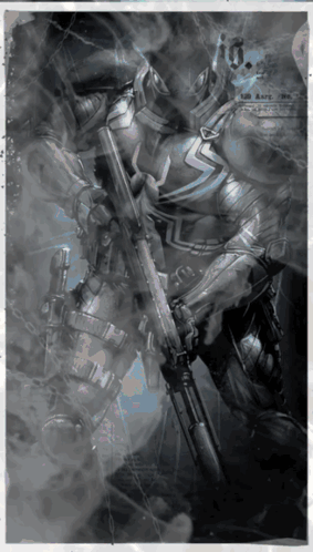 A Drawing Of A Man In Armor Holding A Gun With The Letter L On His Chest GIF