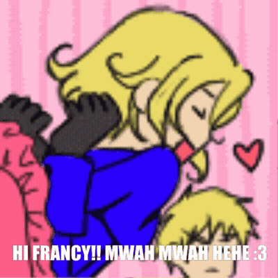 A Drawing Of A Man Kissing A Woman With The Words Hi Francy GIF