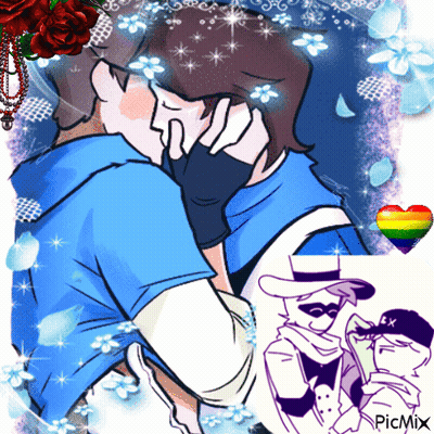 A Drawing Of A Man Kissing Another Man With A Rainbow Heart In The Background GIF