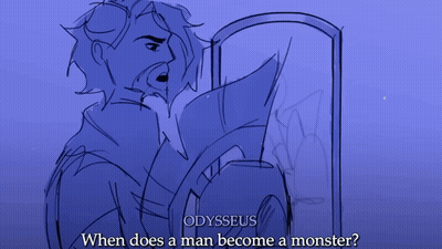A Drawing Of A Man Looking At Himself In A Mirror With The Words Odysseus Written Above It GIF