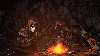 A Drawing Of A Man Playing A Banjo And A Woman Cooking Over A Fire GIF