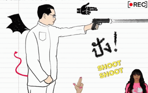 A Drawing Of A Man Pointing A Gun With The Words Bang And Shoot Shoot GIF