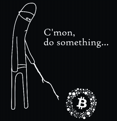 A Drawing Of A Man Pulling A Bitcoin On A Leash With The Words " C'mon Do Something " Below Him GIF