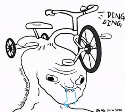A Drawing Of A Man Riding A Bicycle With The Words Ping Ding Written On The Bottom GIF
