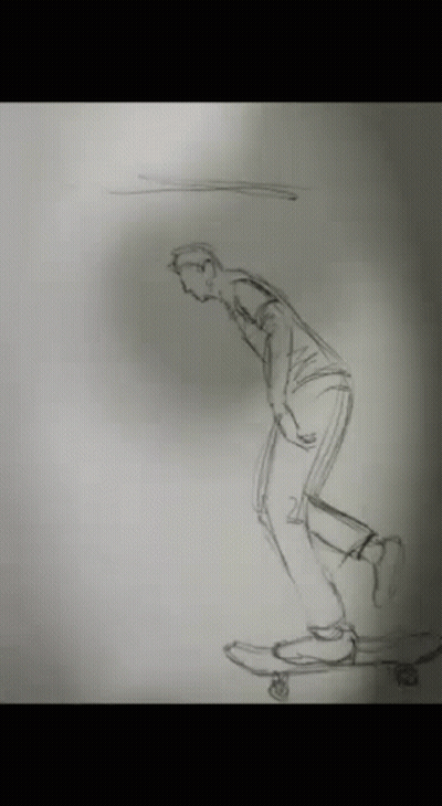 A Drawing Of A Man Riding A Skateboard On A White Background GIF