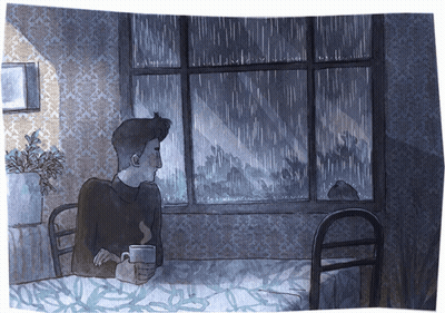 A Drawing Of A Man Sitting In Bed Looking Out A Window GIF