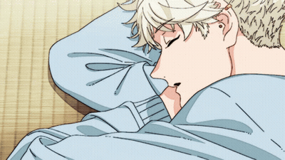 A Drawing Of A Man Sleeping On A Bed With A Blue Blanket GIF