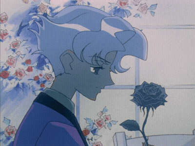 A Drawing Of A Man Standing Next To A Rose With Roses In The Background GIF