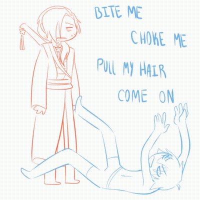 A Drawing Of A Man Standing Next To Another Man With The Words Bite Me Choke Me Pull My Hair Come On On The Bottom GIF