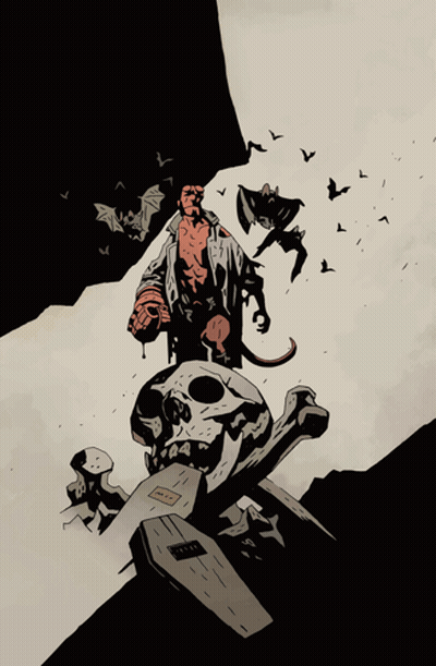 A Drawing Of A Man Standing On Top Of A Skull With A Coffin In The Background GIF