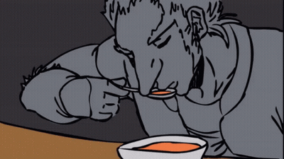A Drawing Of A Man Taking A Spoonful Of Soup GIF