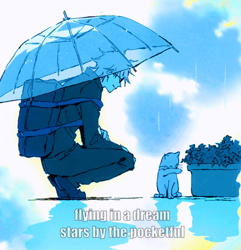 A Drawing Of A Man Under An Umbrella With The Words Flying In A Dream Stars By The Pocketful Below Him GIF