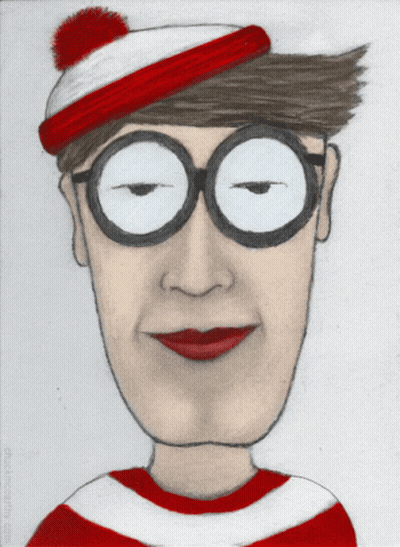 A Drawing Of A Man Wearing Glasses And A Red White And Blue Hat GIF
