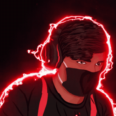 A Drawing Of A Man Wearing Headphones And A Mask With Red Lightning Behind Him GIF