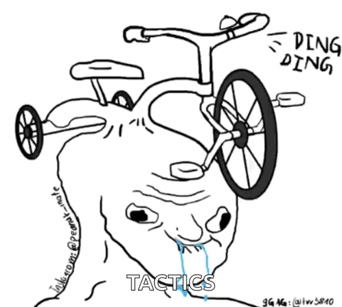 A Drawing Of A Man With A Bicycle On His Head With The Words Tactics Below It GIF