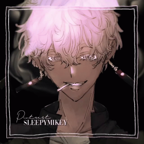 A Drawing Of A Man With A Cigarette In His Mouth And The Name Sleepymikey GIF