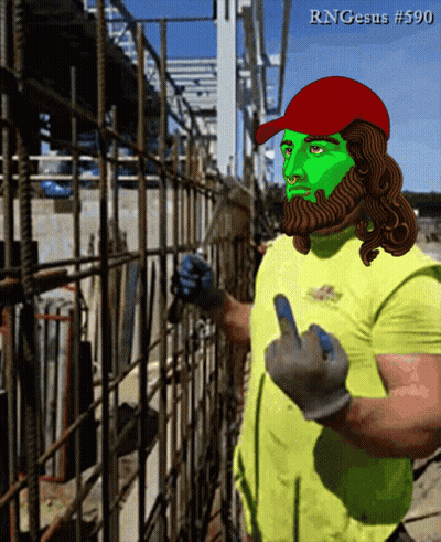 A Drawing Of A Man With A Green Face And A Red Hat With The Words Rngjesus # 590 Below Him GIF