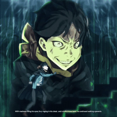 A Drawing Of A Man With A Knife In His Hand And The Words " With Madness Filling His Eyes " GIF
