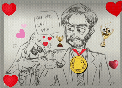 A Drawing Of A Man With A Medal Around His Neck And A Speech Bubble That Says Oh We Will Win GIF