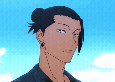 A Drawing Of A Man With A Ponytail And Ear Piercings GIF
