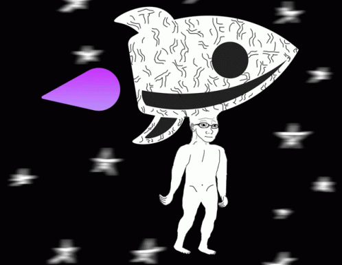 A Drawing Of A Man With A Rocket On His Head Surrounded By Stars GIF