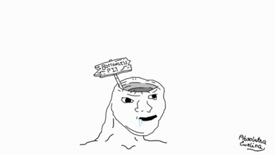 A Drawing Of A Man With A Sign On His Head That Says " Bottomless Pit " GIF