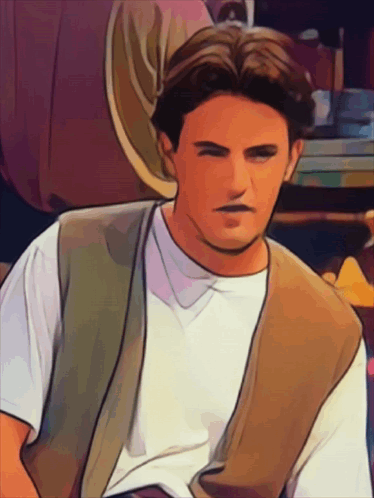 A Drawing Of A Man With A White Shirt And A Brown Vest GIF