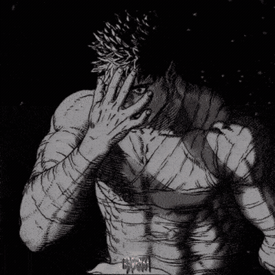 A Drawing Of A Man With Bandages On His Arms Covering His Face With His Hand GIF