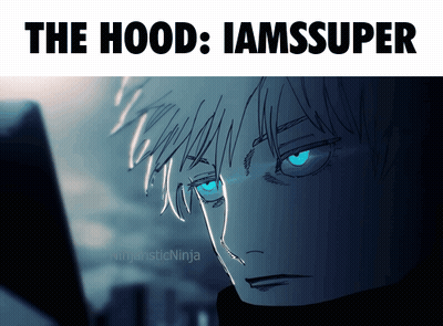 A Drawing Of A Man With Blue Eyes And The Words The Hood Iamssuper GIF