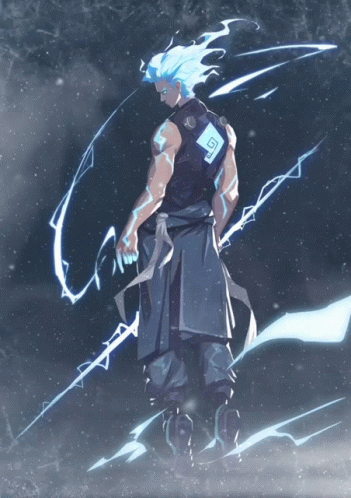 A Drawing Of A Man With Blue Hair And A G On His Back GIF