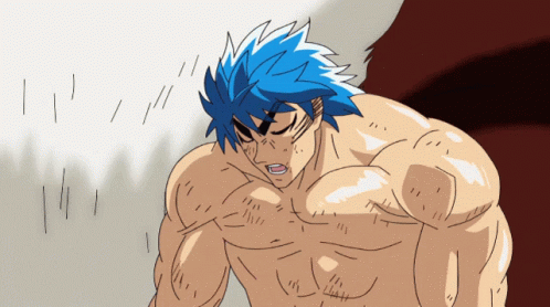 A Drawing Of A Man With Blue Hair And A Very Large Chest GIF