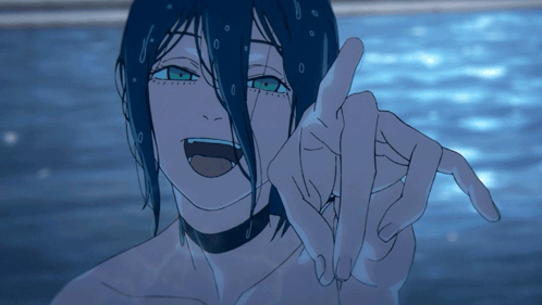 A Drawing Of A Man With Blue Hair And Green Eyes GIF