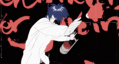 A Drawing Of A Man With Blue Hair Holding A Barrel GIF
