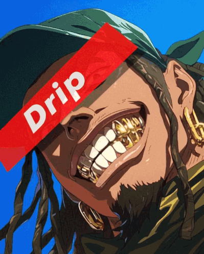 A Drawing Of A Man With Dreadlocks And Gold Teeth With The Word Drip Above His Head GIF