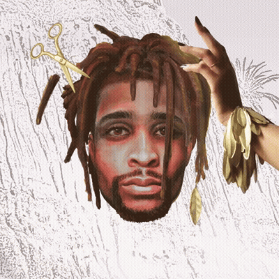 A Drawing Of A Man With Dreadlocks And Scissors In His Hair GIF