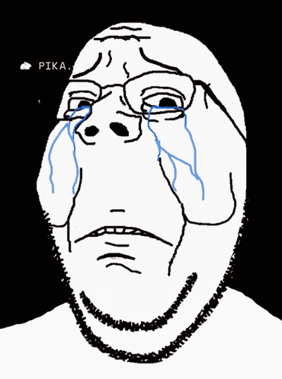 A Drawing Of A Man With Glasses Crying With Pika Written In The Corner GIF