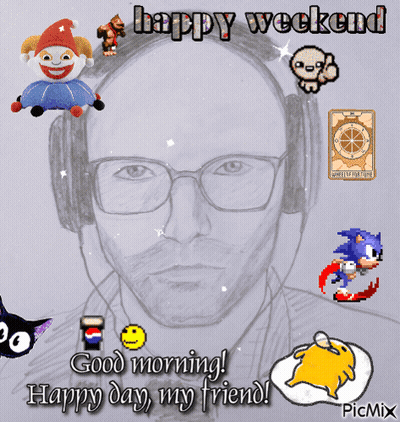 A Drawing Of A Man With Headphones And The Words Happy Weekend On The Top GIF